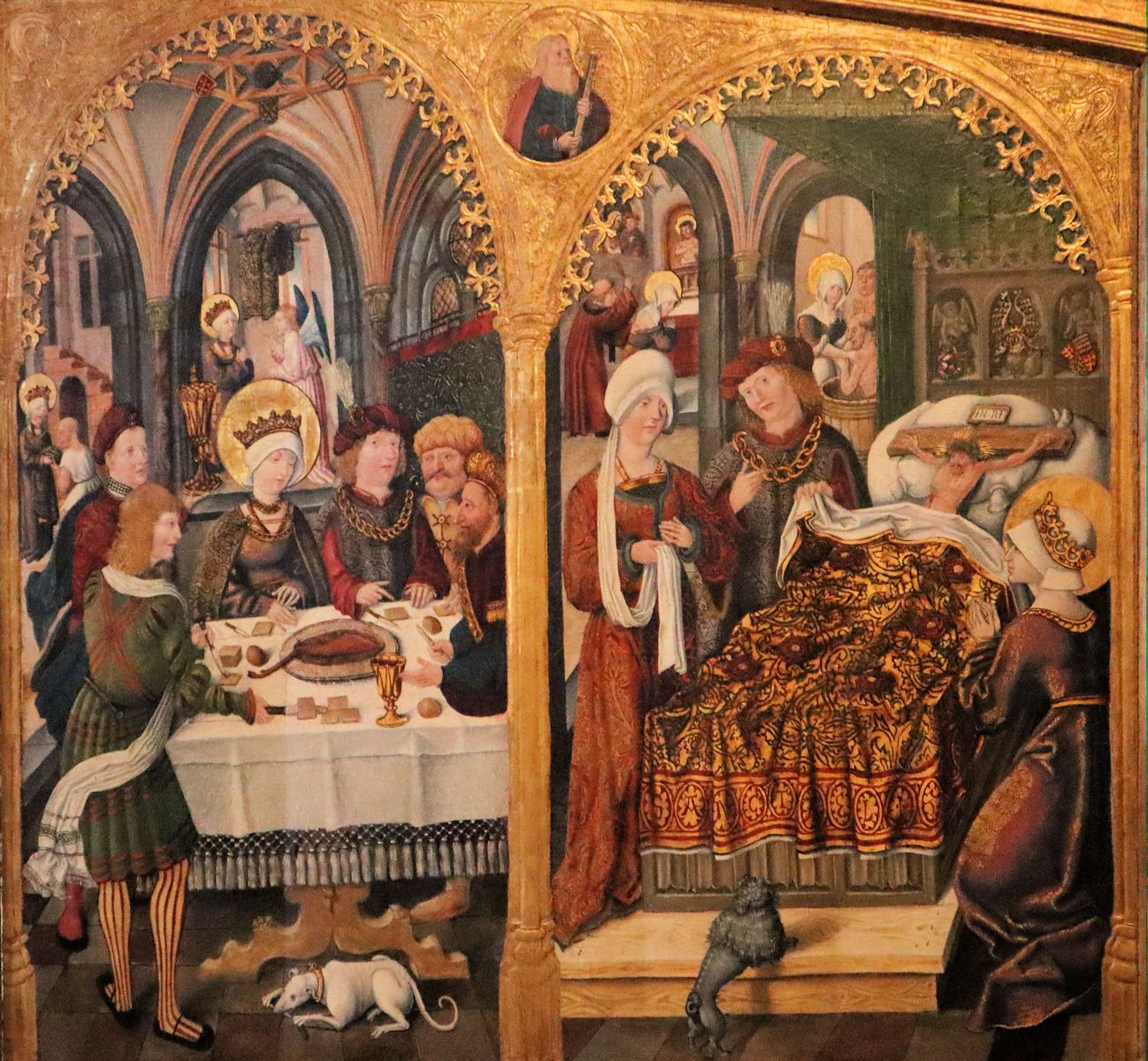 Johann von der Leyten: Elisabeth festlich bekleidet beim Besuch des Kaisers (links) und der Gekreuzigte im Ehebatt, linker Flügel des Elisabethaltars, um 1511, in der Elisabethkirche in Marburg