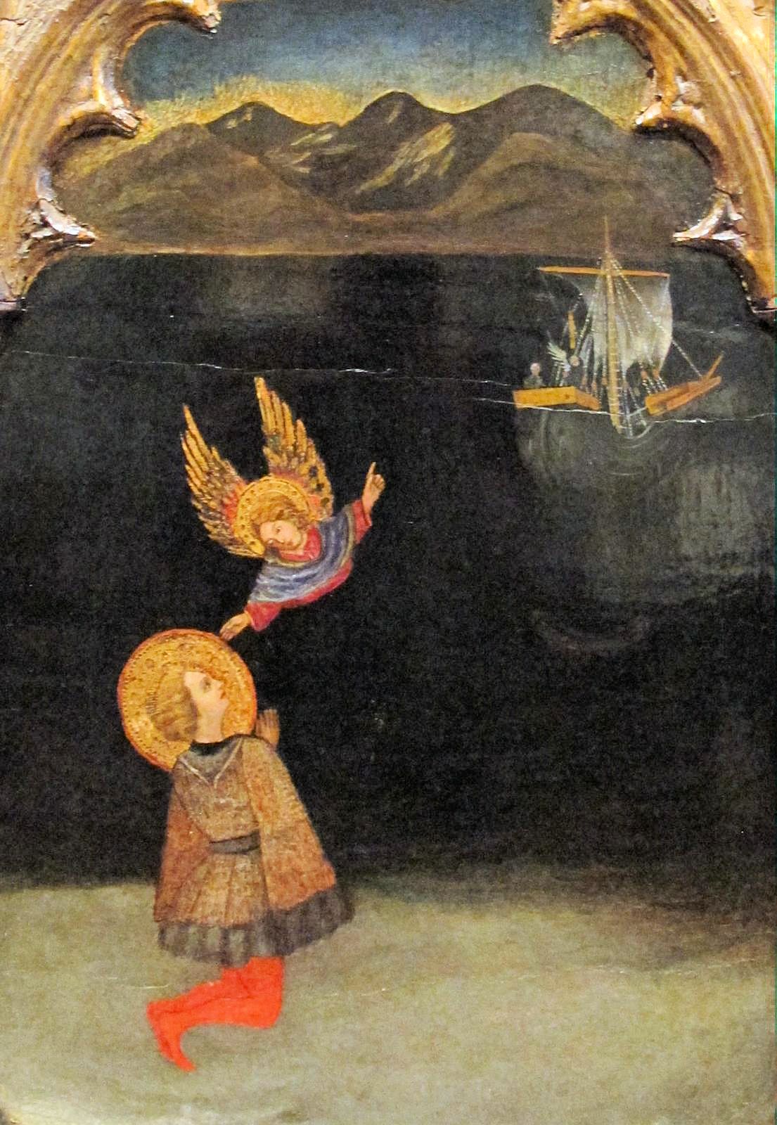 Giacomo di Nicola da Recanati: Elpidius wird von einem Engel aufgefordert, das Schiff nach Italien zu besteigen, Polyptychon, 1425, in der Kirche Sant'Elpidio in Sant'Elpidio a Mare