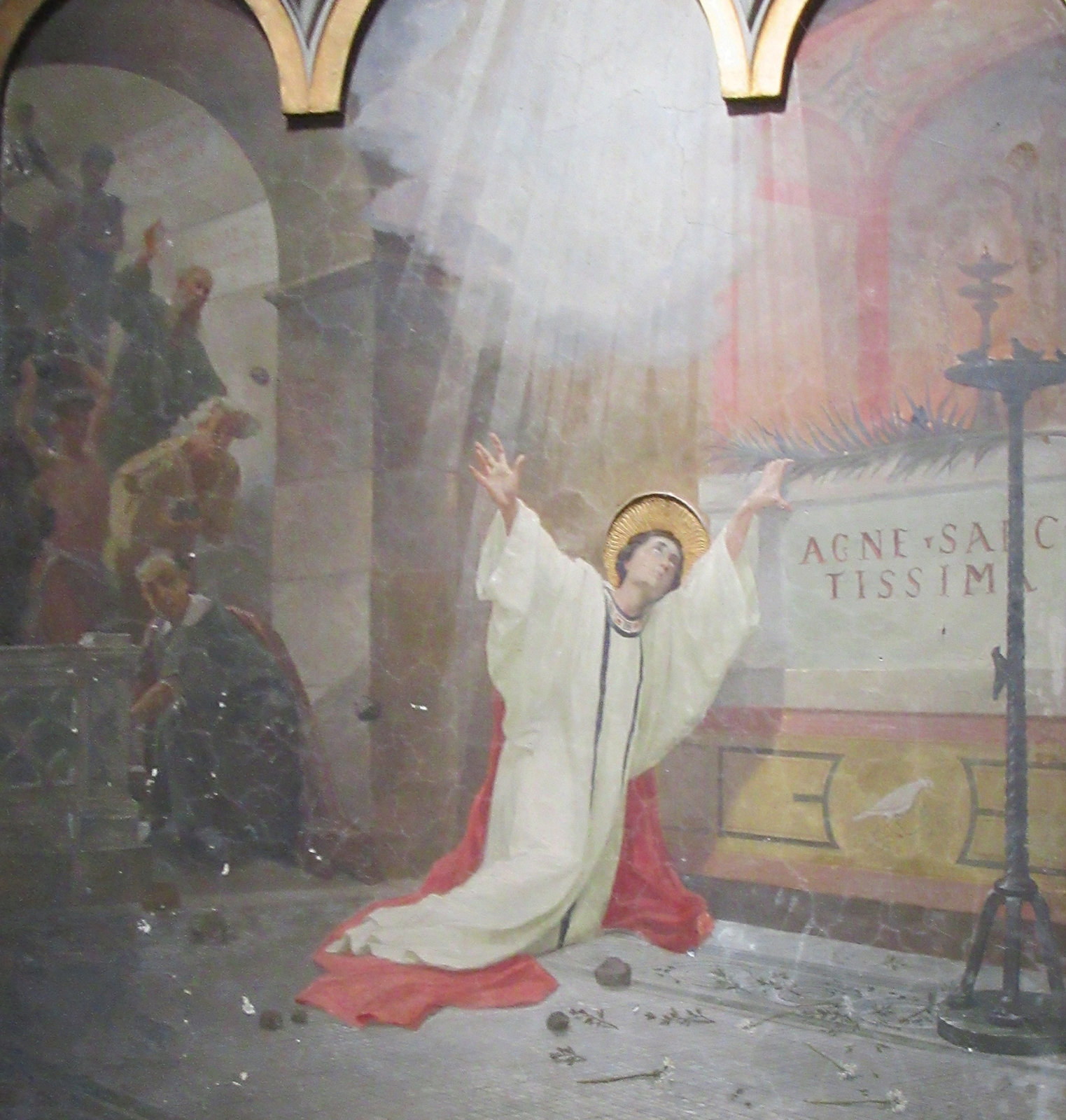Emerantiana, betend vor Agnes' Grab, wird gesteinigt, Fresko in der Kirche Sant'Agnese fuori le mura in Rom