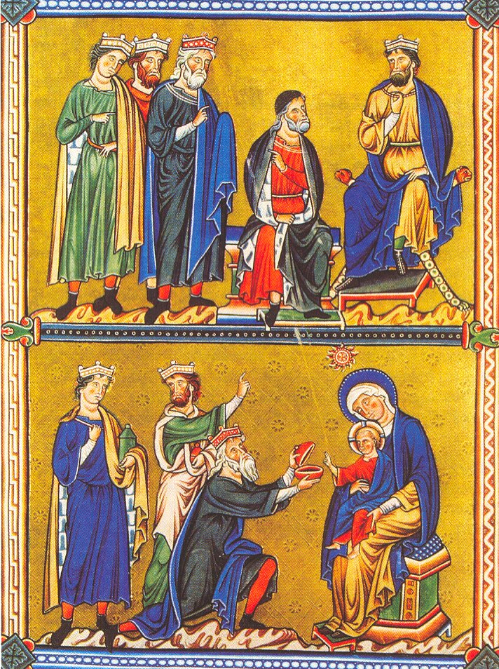 Buchmalerei aus dem Ingeborg-Psalter, um 1200: Die 'Heiligen 3 Könige' vor Herodes (Matthäusevangelium 2, 7) und dem Kind ihre Schätze darbietend (Matthäusevangelium 2, 11)