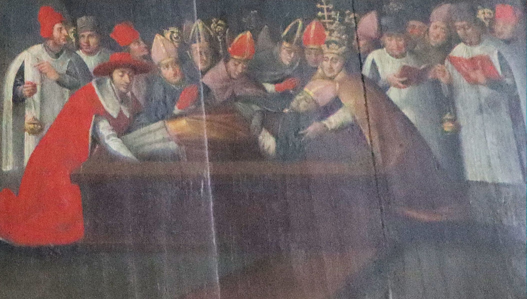 Tafelbild: Papst Leo IX. erhebt Erhards Gebeine, um 1620, in der Kirche des ehemaligen Klosters Niedermünster in Regensburg