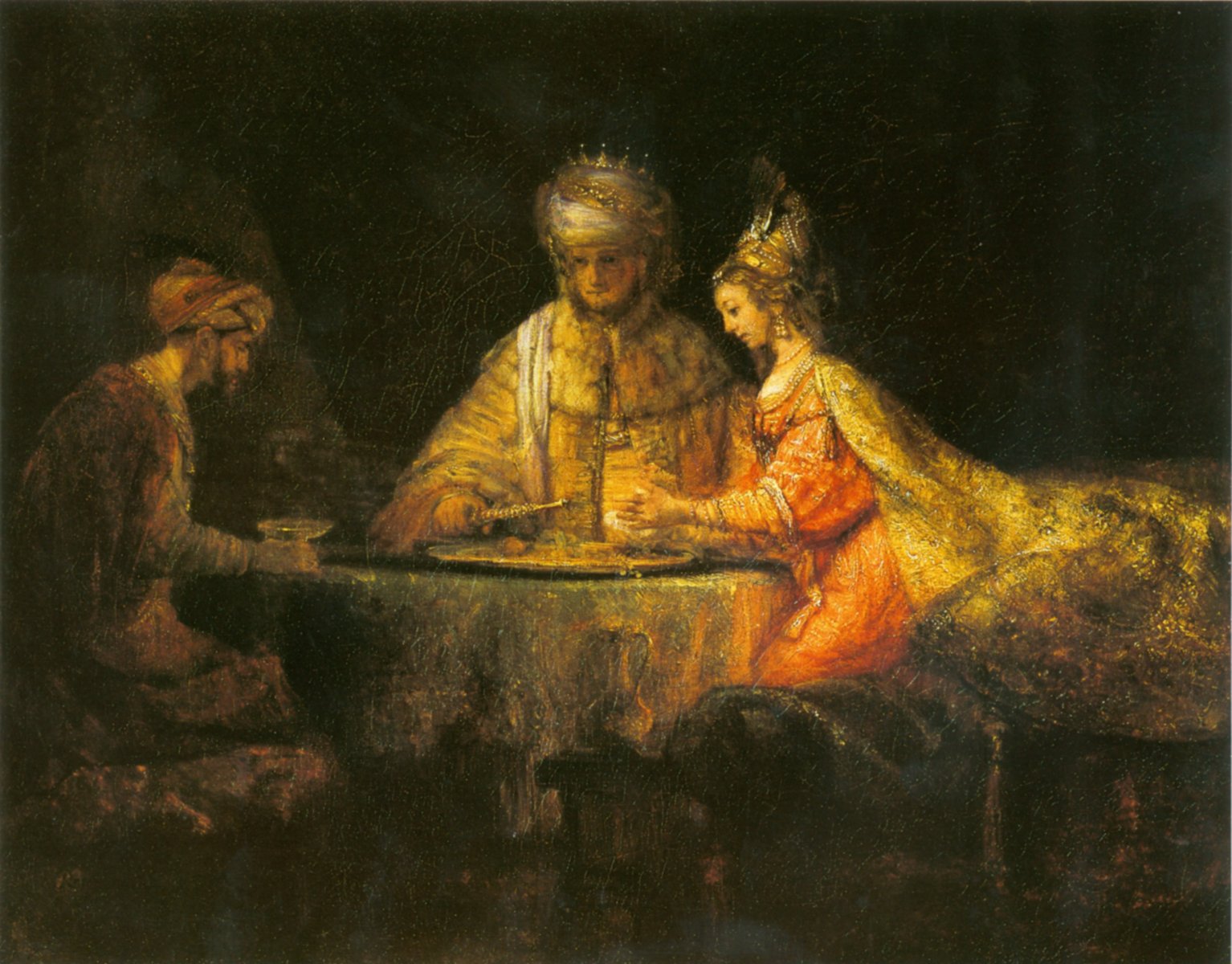 Rembrandt Harmensz van Rijn: König Ahasver und sein Beamter Haman beim Festmahl der Esther, 1660, im Puschkin-Museum in Moskau
