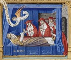Buchmalerei: Eugen III.' Tod, 15. Jahrhundert. Aus: „Le Miroir historial de Vincent de Beauvais. Tome III.”, im Musée Condé im Schloss in Chantilly
