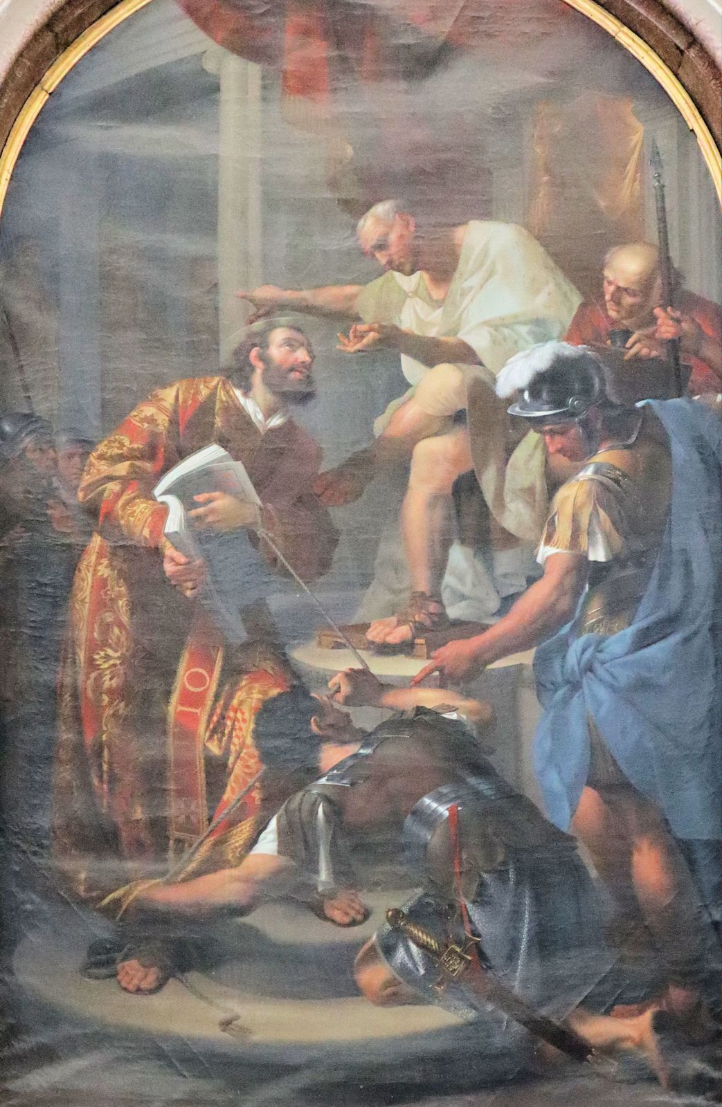 Bernardino Nocchi: Euplus mit Evangelienbuch vor Statthalter Calvisianus, um 1802, in der Kirche San Niccolò l'Arena in Catania