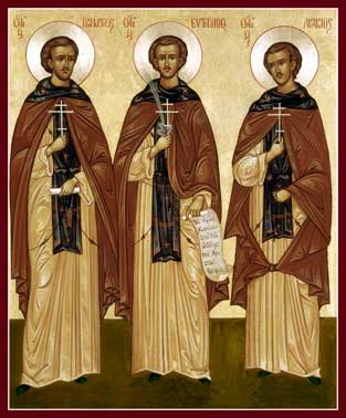 griechische Ikone: == Ignatius von Stara Zagora, Euthymios und == Acacius von Seres (von links)