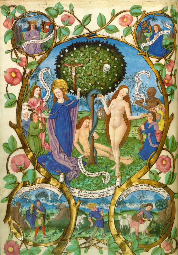Buchmalerei aus dem Salzburger Missale: Der Baum des Lebens mit Maria (links) und der Baum des Todes mit Eva, um 1480, in der Bayerischen Staatsbibliothek in München