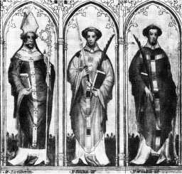 Gemälde auf dem Ewaldi-Reliquienschrein in der Kirche St. Kunibert in Köln: Der Kölner Bischof Kunibert und die beiden Ewalde, um 1400, seit 1945 verschollen