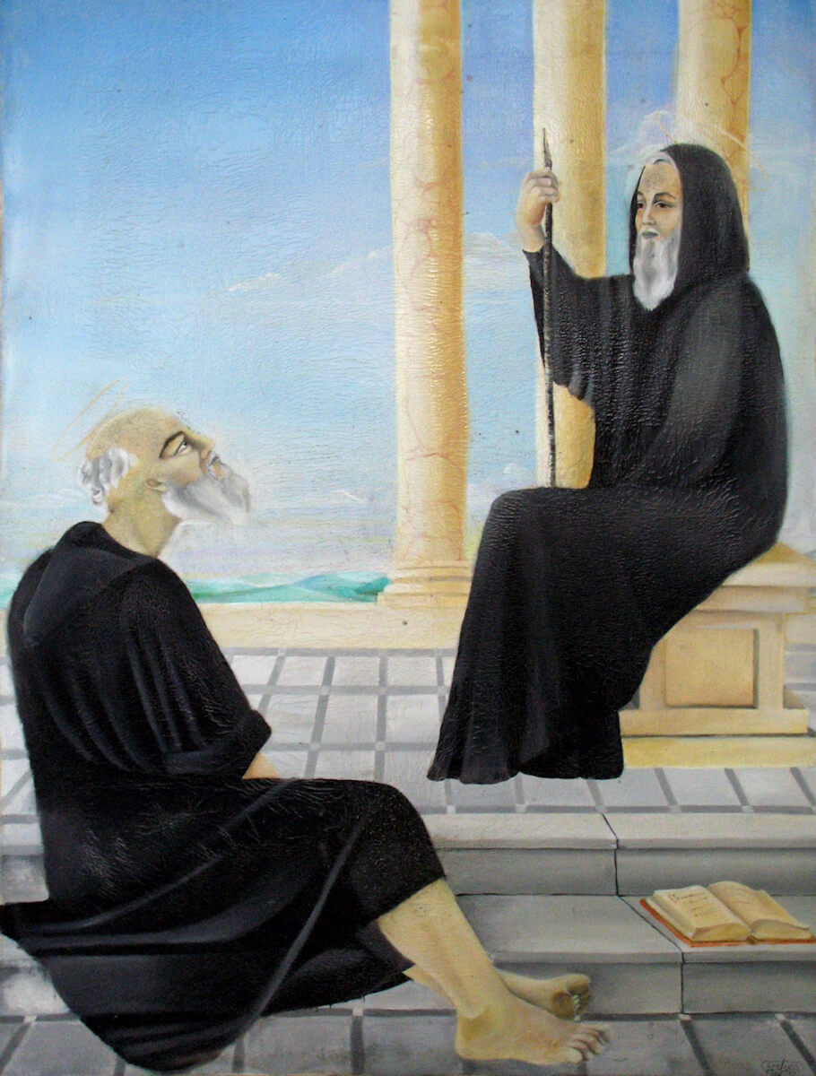 Fantinus (rechts) lehrt Nikodemus von Mammola, Bild im Santuario San Nicodemo bei Mammola in Kalabrien