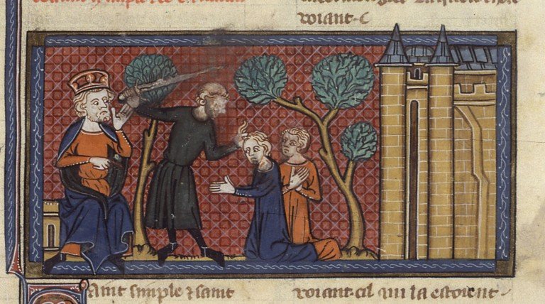 Buchmalerei: Martyrium von Faustinus und Simplicius, 14. Jahrhundert, aus: Richard de Montbaston u. a.: Vies de saints, Paris