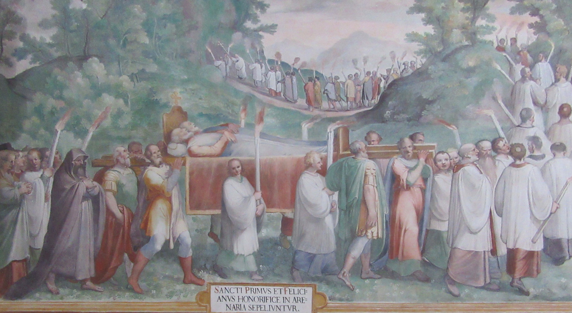 Primus' und Felicianus' Bestattung in einem Felsengrab, Fresko in der Primus und Felicianus geweihten Kapelle der Kirche San Stefano Rotondo in Rom
