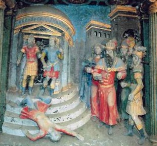 Altarbild in der Kirche Sainte Félicité in Montagny in Frankreich, um 1560: Silvanus wird in den Tiber geworfen