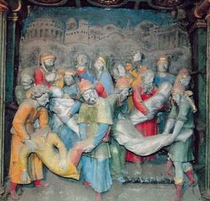 Altarbild in der Kirche Sainte Félicité in Montagny in Frankreich, um 1560: Felicitas und Gefährten tragen die Leichname der Söhne zur Bestattung in die Katakombe vor der Stadt Rom