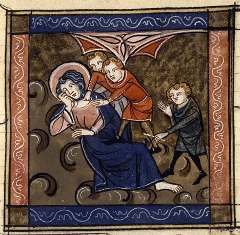 Buchmalerei: Felix wird von seinen Schülern getötet, 14. Jahrhundert, aus: Jacobus de Voragine: Legenda aurea, in der Bibliothèque Nationale de France in Paris