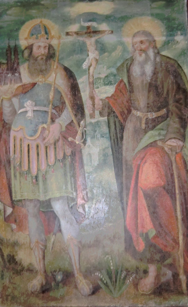 Altarbild: Fiacrius (rechts) mit Kaiser Heinrich II., 1617, in der Klosterkirche in St-Ursanne