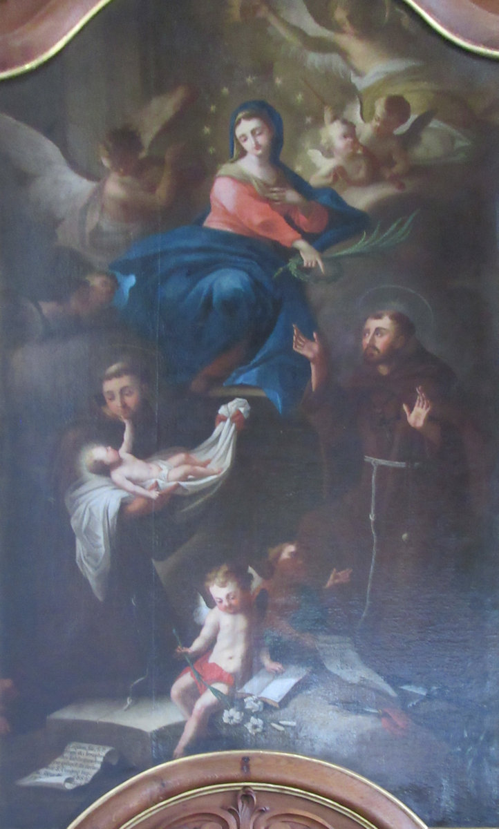 Fidelis mit dem Jesuskind und Fidelis bekommt von Maria die Märtyrerpalme überreicht, in der Kapuzinerkirche in Fribourg in der Schweiz