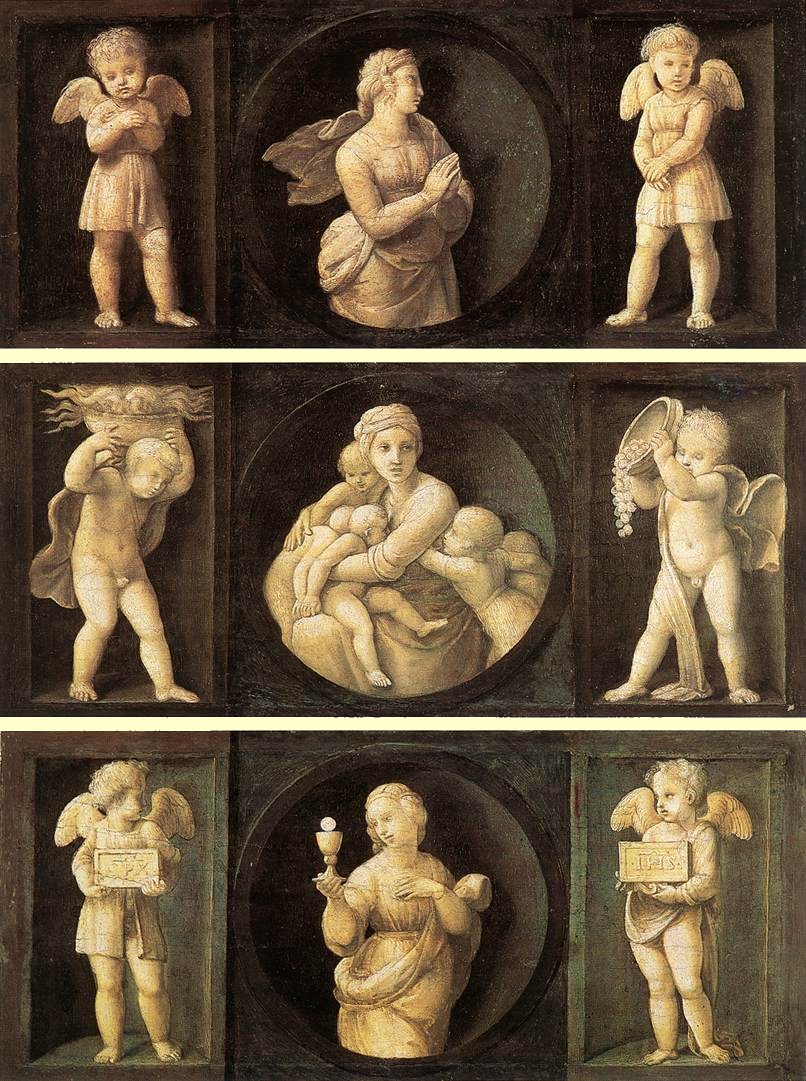 Raphael: Die theologischen Tugenden: Glaube (oben), Hoffnung (unten) und Liebe (Mitte), 1507, in der Pinakothek im Vatikan