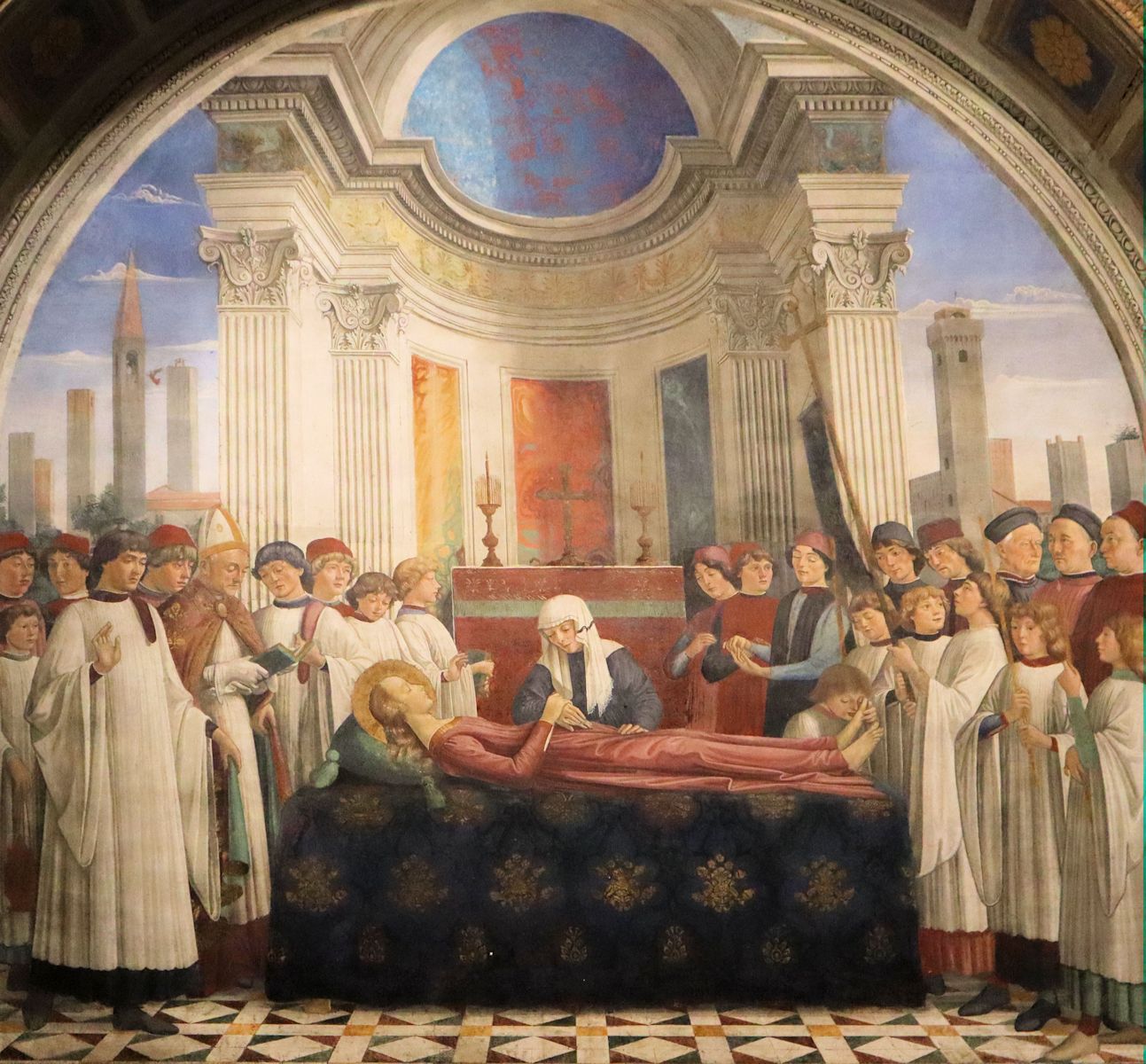 Domenico Ghirlandaio:  Finas Bestattung, um 1475, Fresko in der Fina-Kapelle des „Domes” in San Gimignano