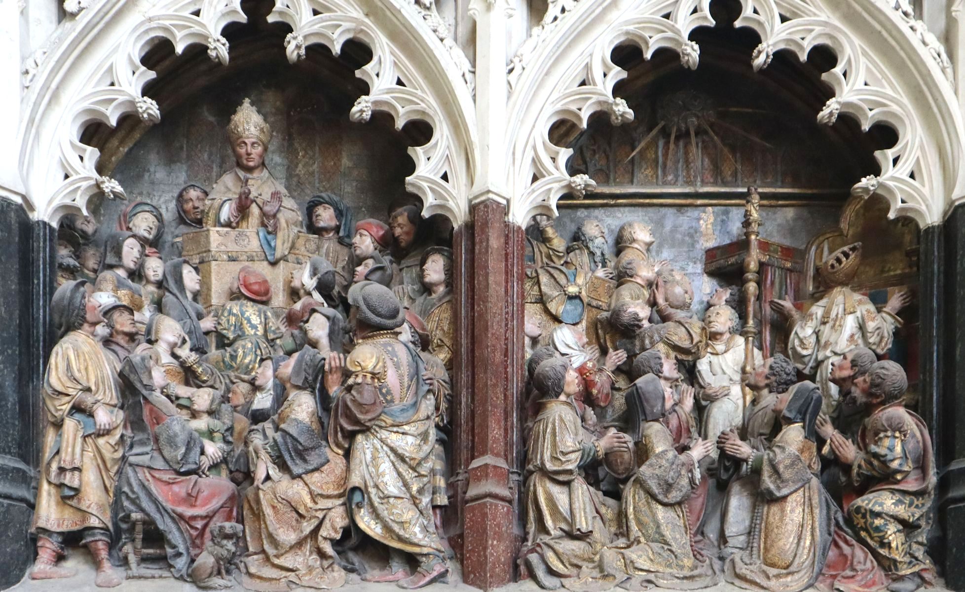 Holzrelief: Die Übertragung der Gebeine von Firminus unter Bischof Salvius von Amiens, um 1530, in der Kathedrale in Amiens