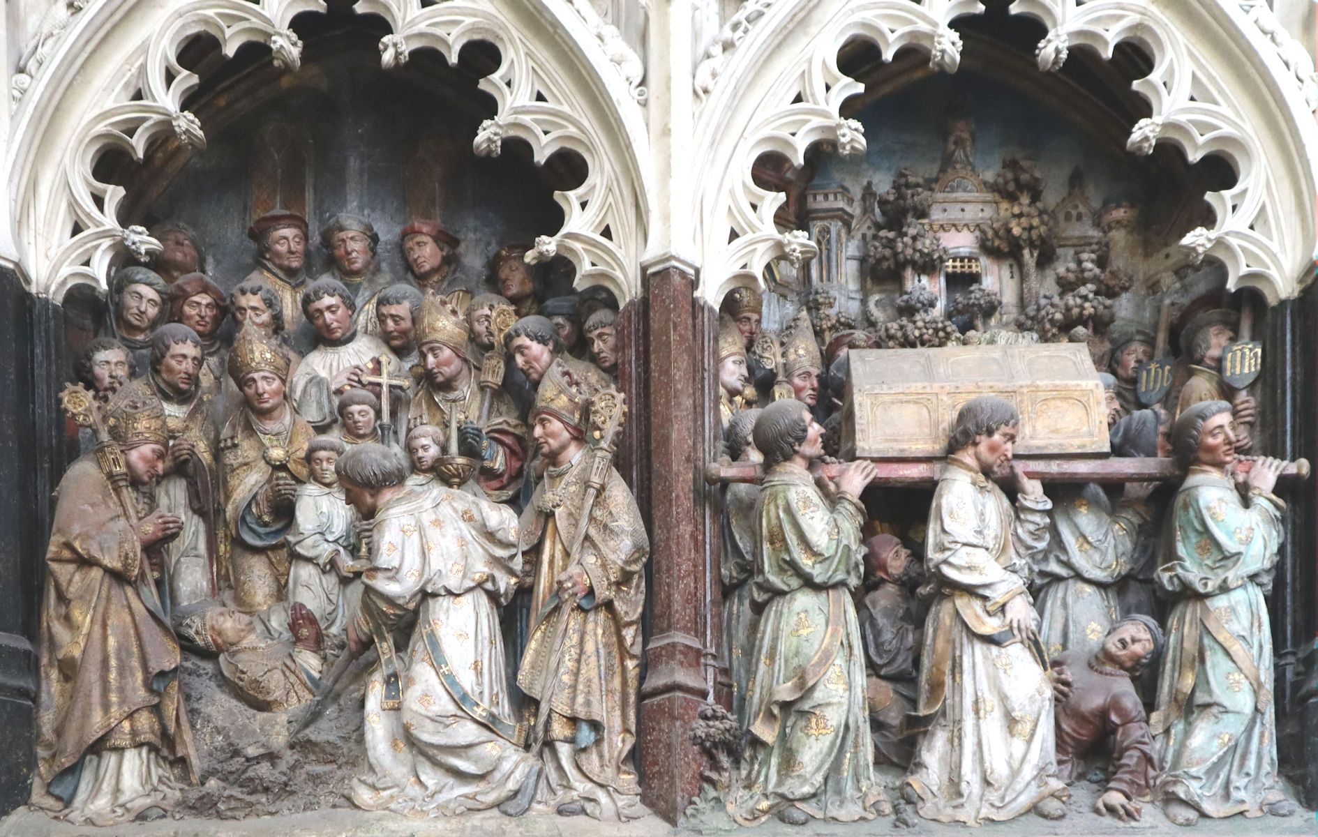 Holzrelief: Die Übertragung der Gebeine von Firminus unter Bischof Salvius von Amiens, um 1530, in der Kathedrale in Amiens