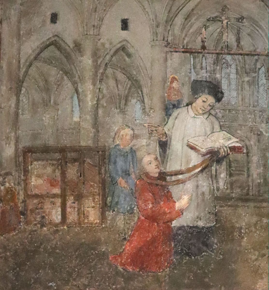 Pfarrer Mathieu: Florentinus wird getauft, Wandmalerei, um 1500, in der Pfarrkirche in Bonnet