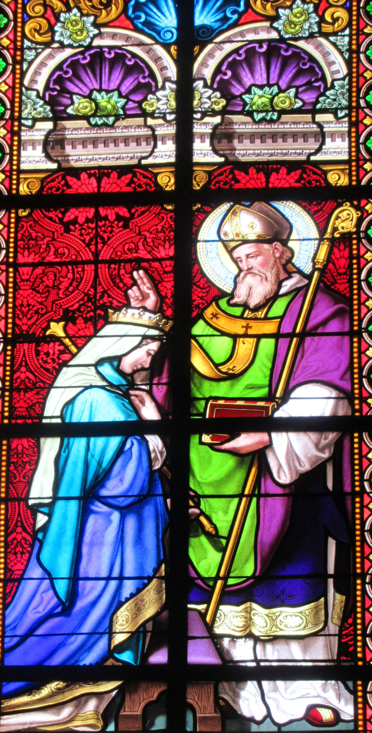 Glasfenster: Florentius heilt die Königstochter, 1879, in der Florentius geweihten Kapelle in Oberhaslach