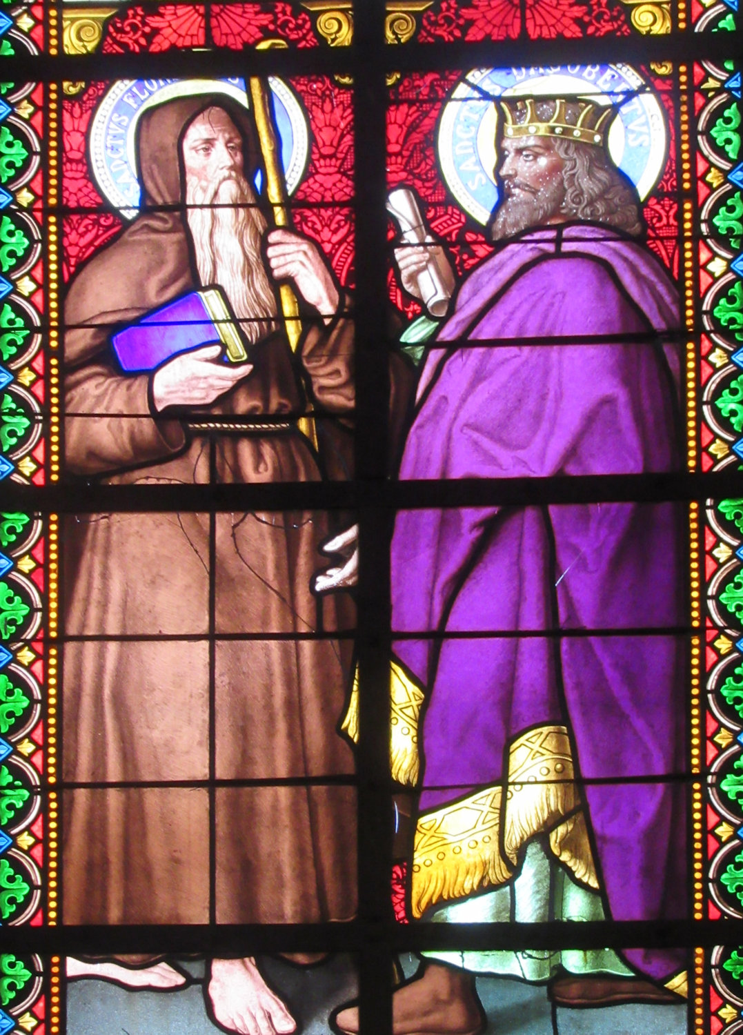 Glasfenster: Florentius vor König Dagobert II., 1879, in der Florentius geweihten Kapelle in Oberhaslach
