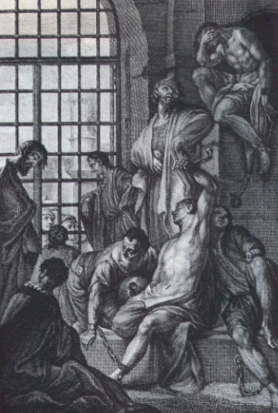 Kupferstich: Die Gefährten des hl. Florian im Kerker. Aus: Bertholdus Mellicensis: Sancta et beata Austria, erschienen 1750