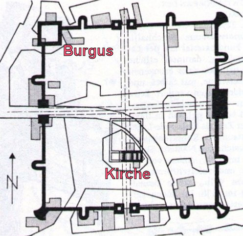 Plan des Ortskerns von Zeiselmauer mit den Funden und der Rekonstruktion des römischen Kastells nach Prof. Dr. Hansjörg Ubl