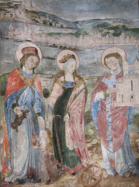 Wandmalerei: Florinus, Katharina von Alexandria und Castor von Karden (von links), um 1512, in der Pfarrkirche Unserer Lieben Frau in Oberwesel bei Bacharach