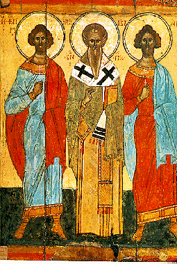 Russische Ikone: Florus mit dem Apostel Jakobus und Laurus, Ende des 14. Jahrhunderts