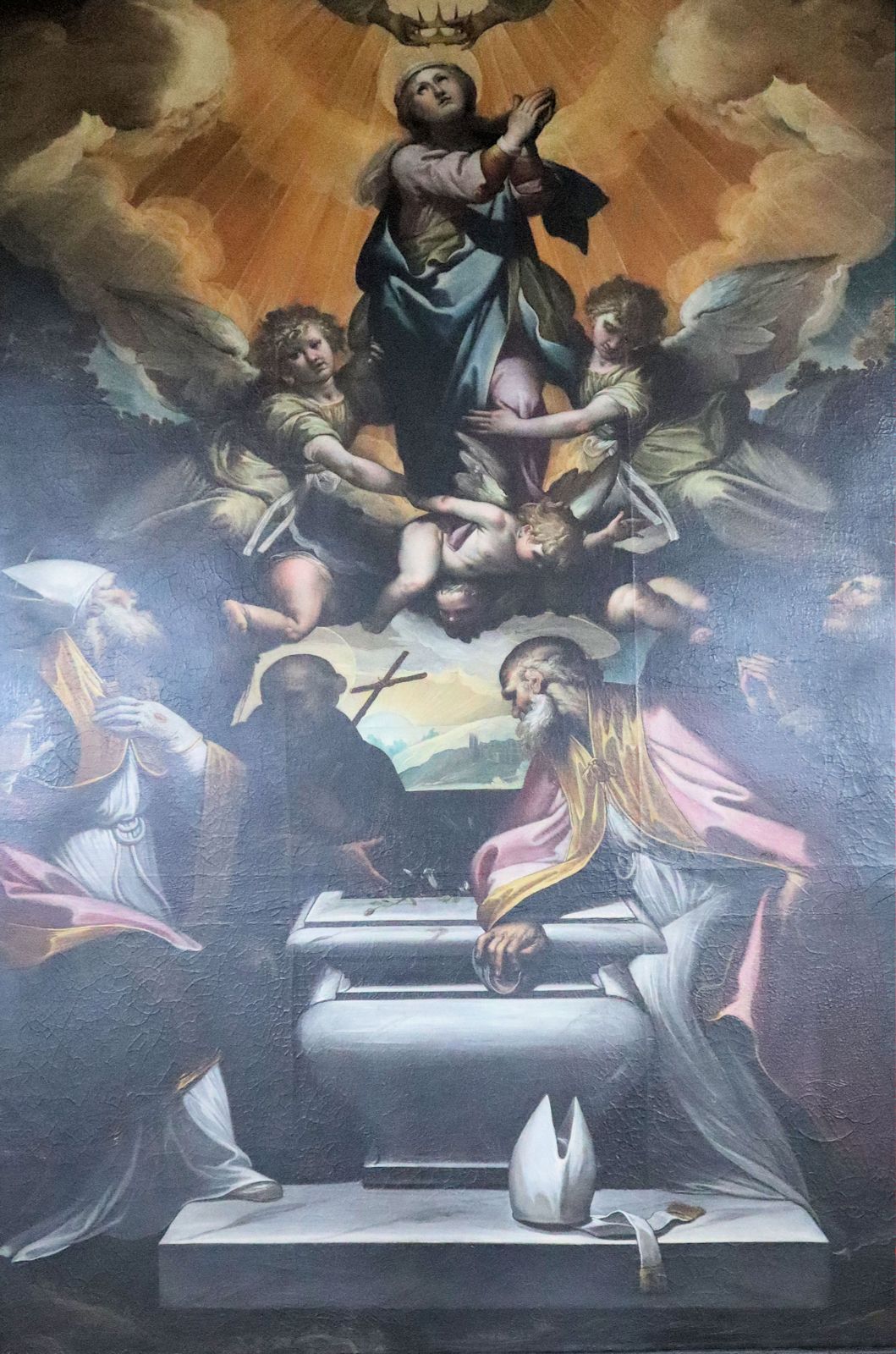 Ferraù Fenzoni da Faenza: Fortunatus, Bernhardin von Siena, Cassianus von Imola und Petrus „der Märtyrer” (von links) vor Maria, Bild, um 1598, in der Kathedrale in Todi