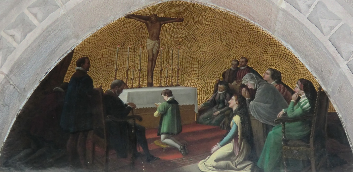 Franz betend im Kreis seiner Familie, in der Kirche an der Burg Javier