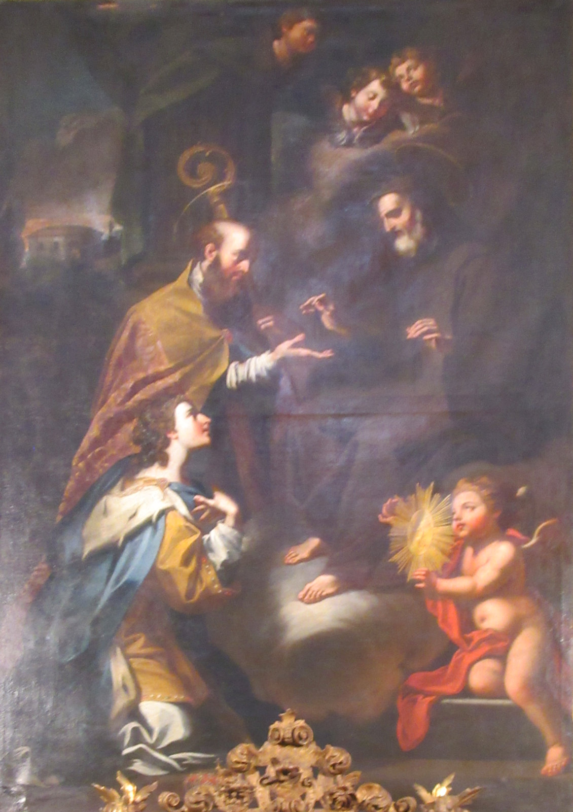 Marcantonio Romoli: Franz von Paola übergibt Franz von Sales und Johanna von Valois den Ordensgürtel, um 1753, in der Kirche Sant'Andrea delle Fratte in Rom