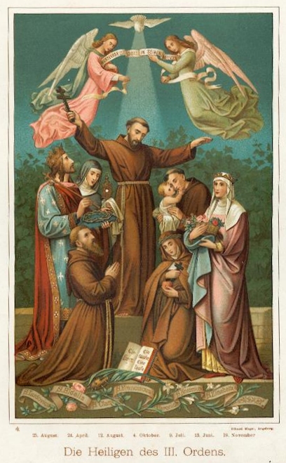 Lithographie von Eduard Mayer: Heilige des 3. Ordens: Ludwig IX. „der Heilige”, Fidelis von Sigmaringen, Klara von Assisi, Franziskus von Assisi, Veronica Giuliani, Antonius von Padua, Elisabeth von Thüringen (von links), Andachtsbild, um 1900