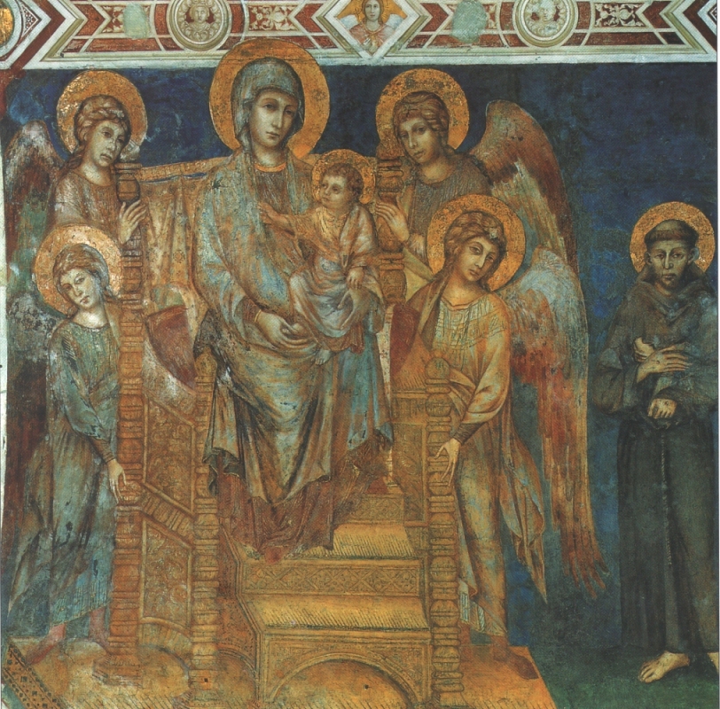 Cimabue: Maria mit dem Jesuskind auf dem Thron, umgeben von Engeln, rechts die berühmte Darstellung des Franziskus als „Il Poverello”, „der Arme”, gemalt nach der Beschreibung des Thomas von Celano, um 1280, in der Unterkirche der Basilika di San Francesco in Assisi