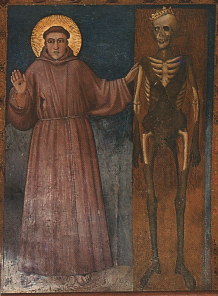 Giotto-Schule: Franziskus mit Wundmalen und der Tod als Skelett auf einem Sarg und mit einer zu Fallen drohenden Goldkrone auf dem Schädel, um 1310, in der Unterkirche der Basilika di San Francesco in Assisi