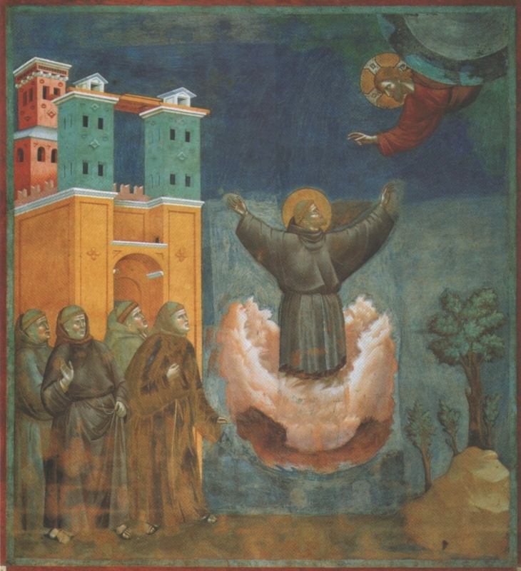 In tiefem Gebet versunken wurde der Heilige Franziskus von seinen Mönchen beobachtet, wie er sich vom Boden abhob die Arme nach oben streckte und eine leuchtende Wolke hüllte ihn ein