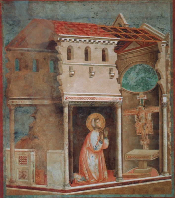 Der Heilige Franziskus betet vor einer Darstellung eines Kruzifix, als vom Kreuz herab eine Stimme zu hören ist: Franziskus geh und bereite mein Haus, das sich in Ruinen auflöst, womit die römische Kirche gemeint ist