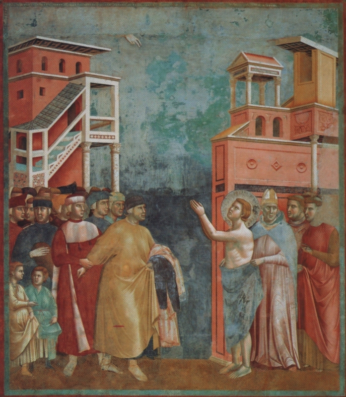 Giotto di Bondone: Franziskus gibt dem Vater vor den Augen des Bischofs das Erbe zurück, Fresko in der Oberkirche der Basilika di San Francesco in Assisi