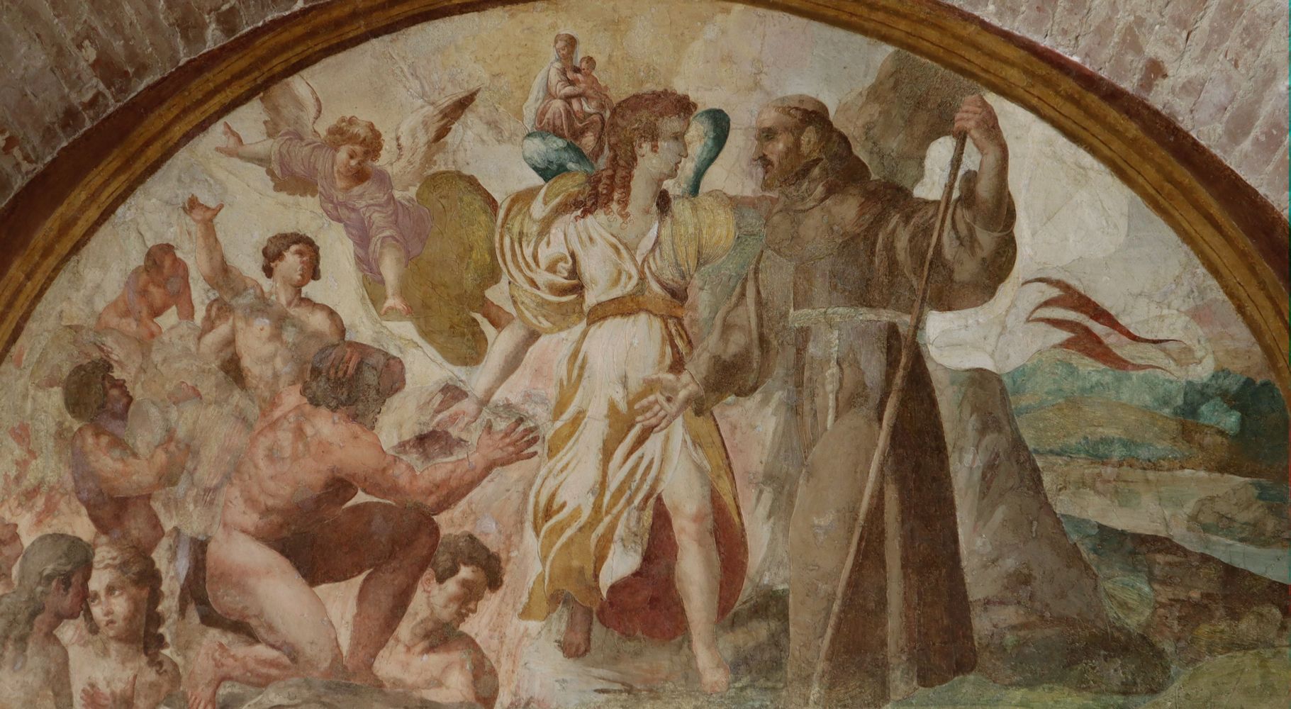 Fresko: Franziskus befreit Menschen aus dem Fegefeuer, im Kreuzgang des Klosters San Francesco del Monte in Perugia