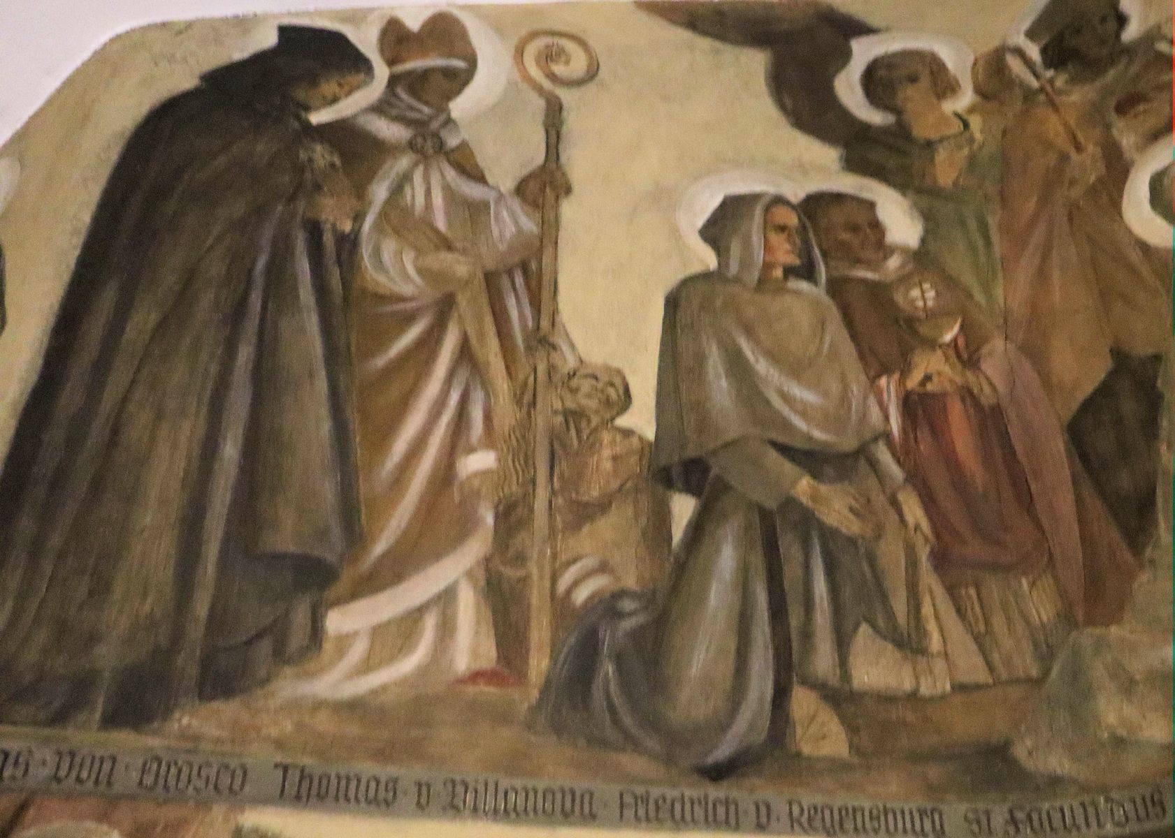 Friedrich (halbrechts) mit Johannes González von Sahagún (links), Alfons von Orozco (halblinks) und Thomas García von Villanova (rechts),Fresko in der Augustinerkirche in Würzburg