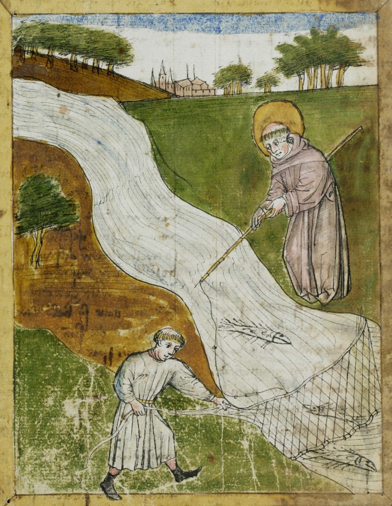 Cuonrad Sailer (?): Buchmalerei aus 'St. Galler Hausheilige': Gallus beim Fischen in der Steinach, um 1455, in der Stiftsbibliothek in St. Gallen