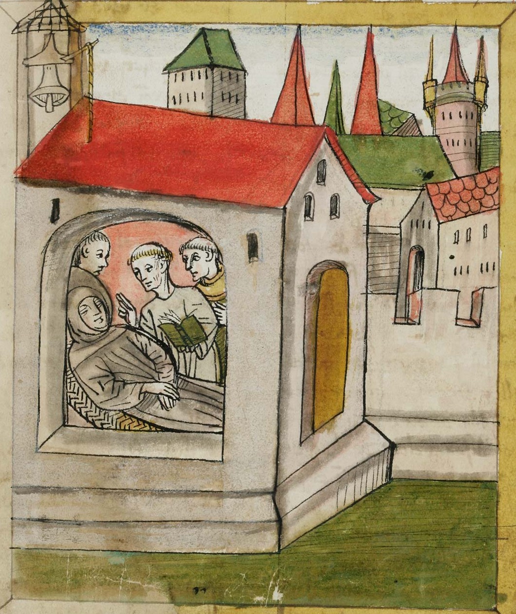Cuonrad Sailer (?): Buchmalerei aus 'St. Galler Hausheilige': Gallus' Tod in Arbon, um 1455, in der Stiftsbibliothek in St. Gallen