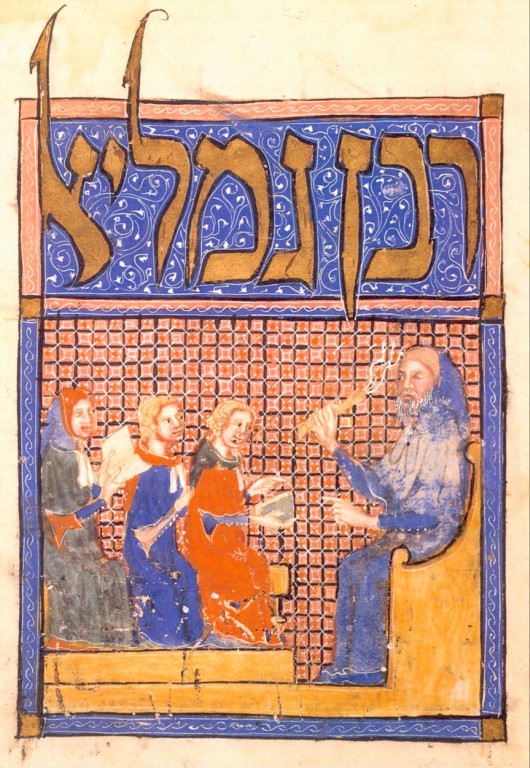 Buchmalerei in einer spanischen Haggadah: Gamaliel mit Schülern, um 1350