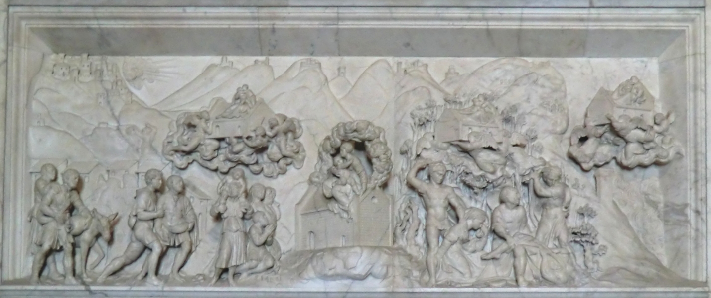 Die Überführung des Heiligen Haus, dargestellt auf der Marmorhülle in Loreto