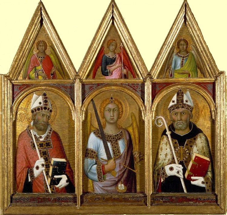 Simone Martini: Geminianus (links), Michael und Augustinus (rechts), 1320 - 25, im Fitzwilliam Museum in Cambridge