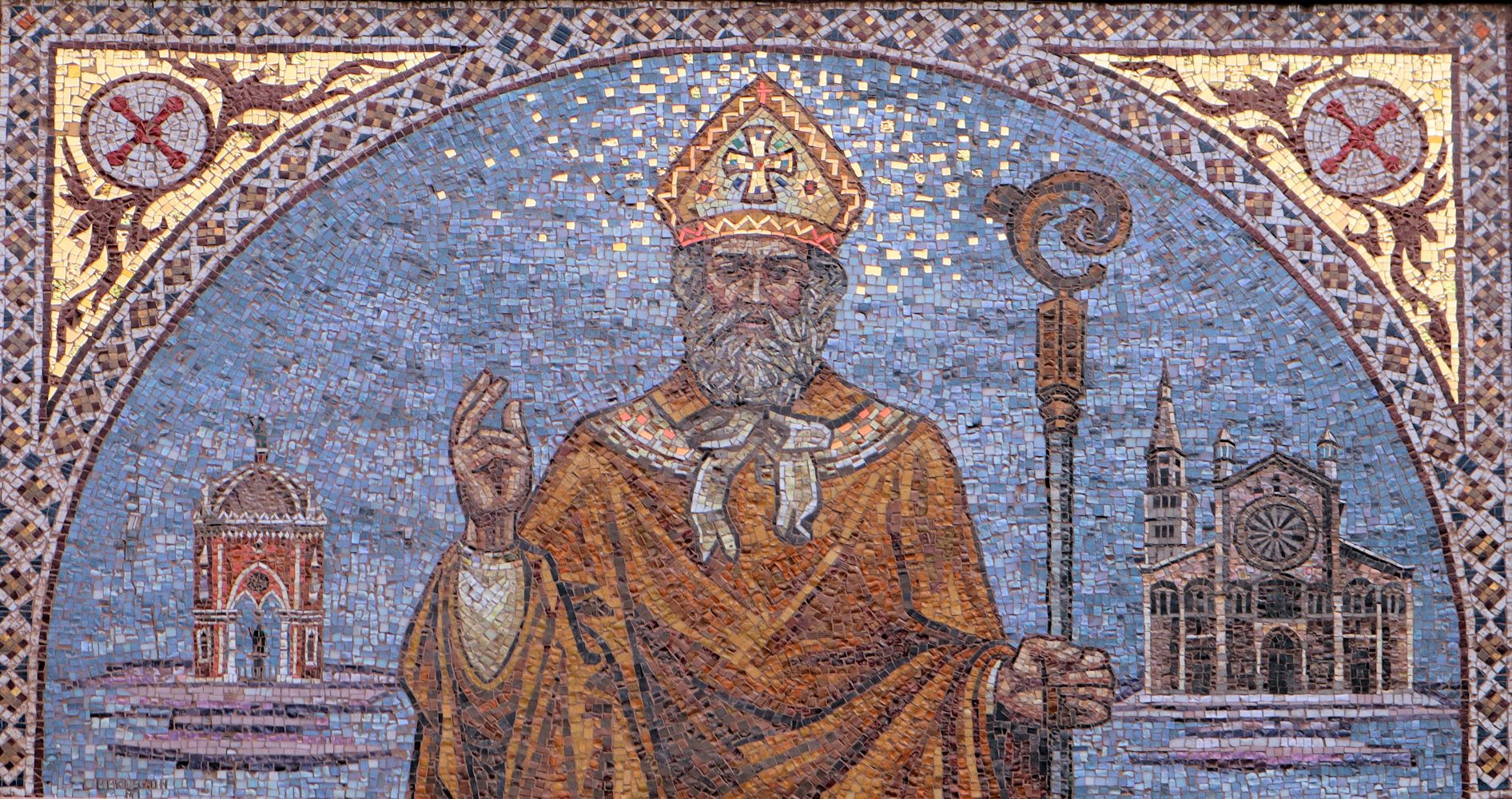 Mosaik über dem Eingang zur Geminianus geweihten Kirche im Stadtteil Cognento von Modena