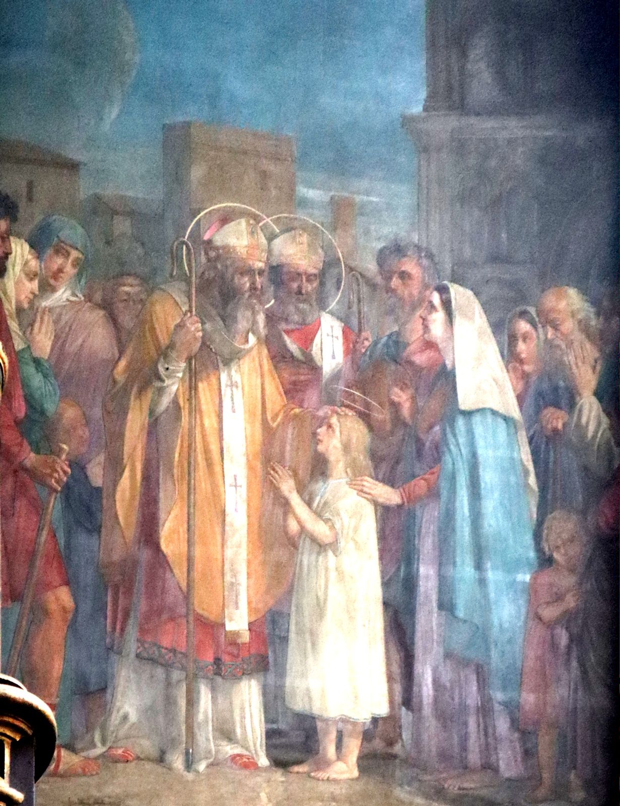 Auguste Pichon: Germanus von Auxerre und Lupus von Troyes prophezeien Genovevas Eltern deren Berufung, Wandmalerei, 1851, in der Kirche Saint-Eustache in Paris