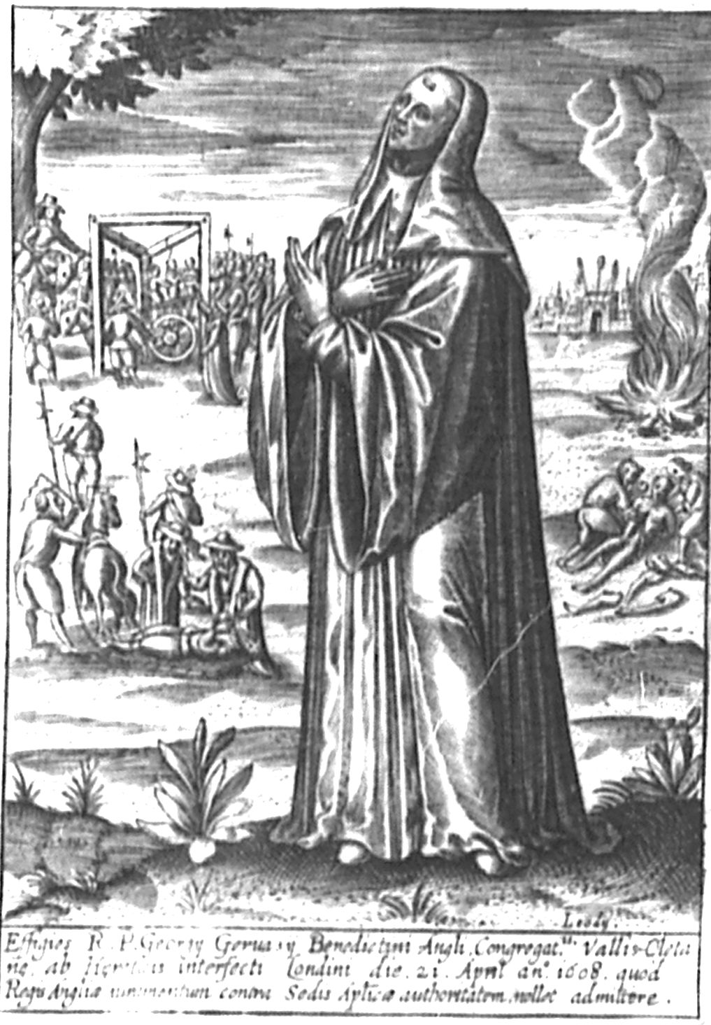 Holzschnitt: Georg als Benediktinermönch. In: Varia de Rebus Angliae super successione ad Regnum variae relationes ab anno 1597 usq. ad 1608, in der Vatikanischen Bibliothek im Apostolischen Palast in Rom