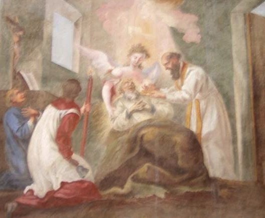 Wandmalerei in der Kirche St. Gerlach in Houthem: Gerlach stirbt
